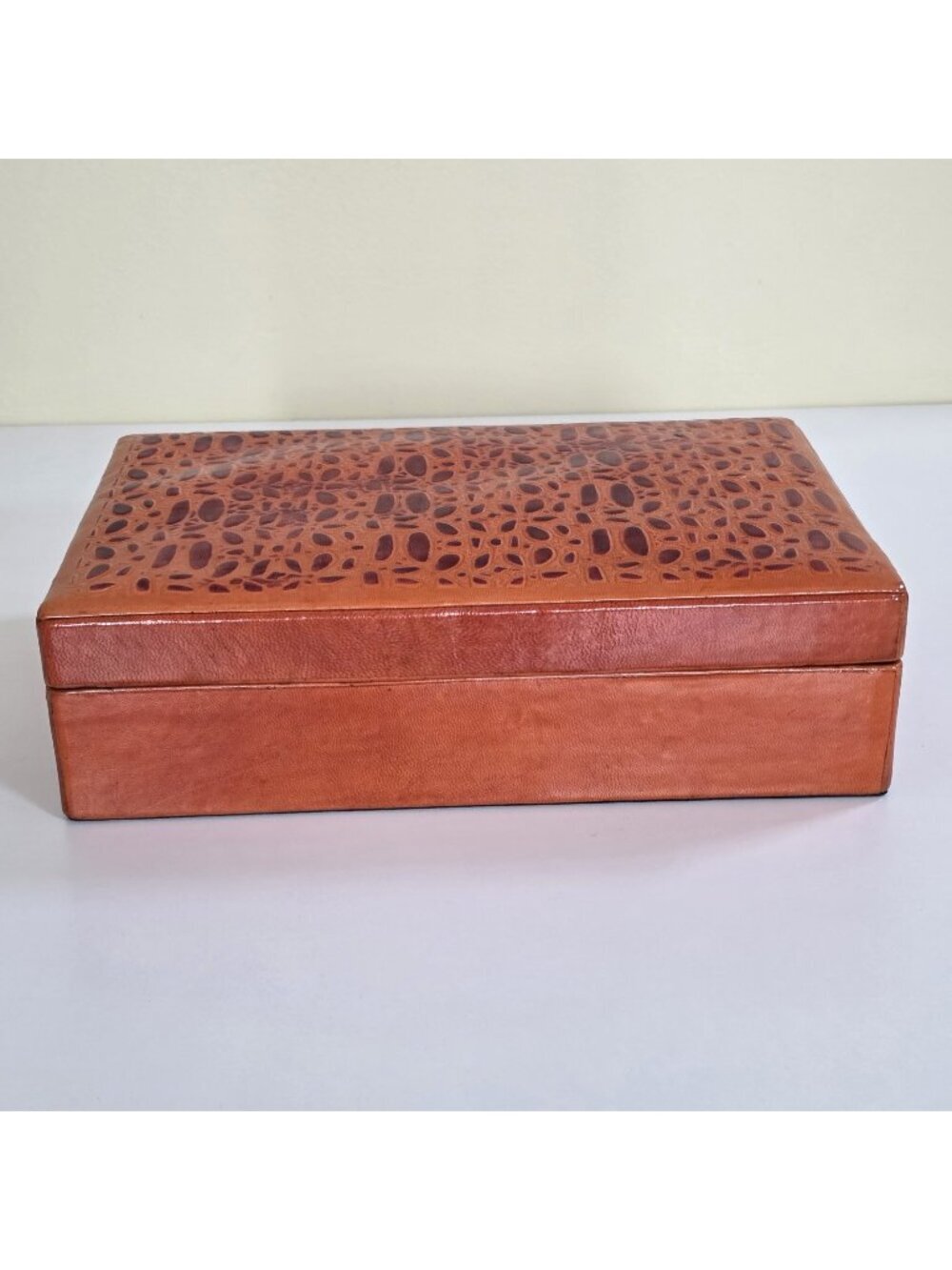 Jewelry Box Orange Pleather Texture Lid Black Velvet Inner Removable Tray Mirror